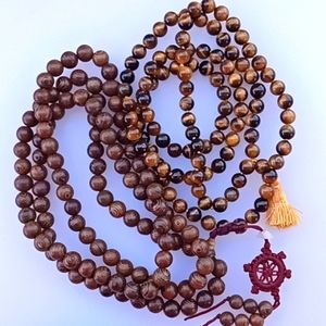 Set of 2 Mala Necklace Bead Tiger's Eye and Wooden Buddhist style